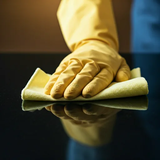A gloved hand carefully wiping a polished modern surface.