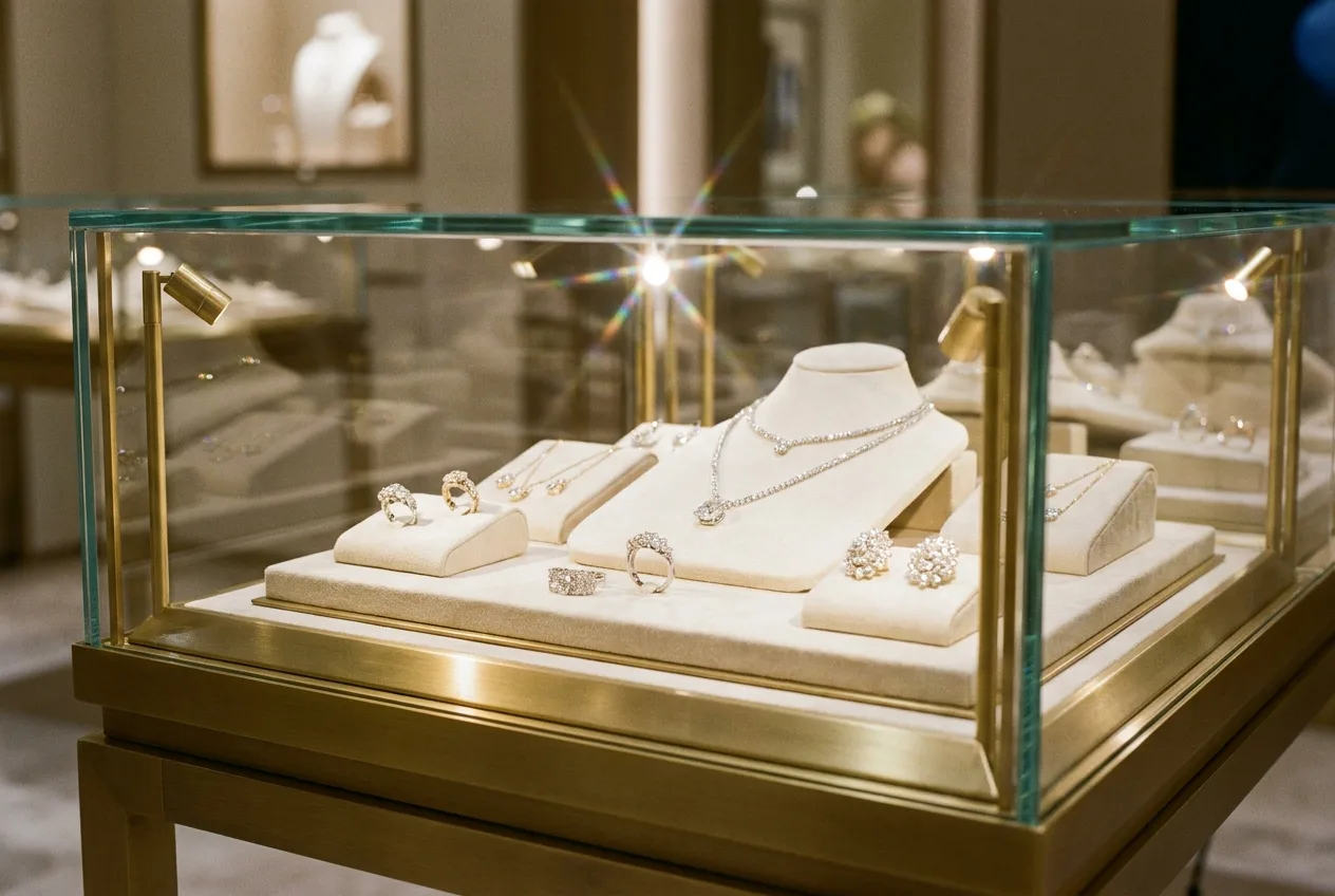 A polished jewelry display case with clean glass, warm lighting, and premium presentation.