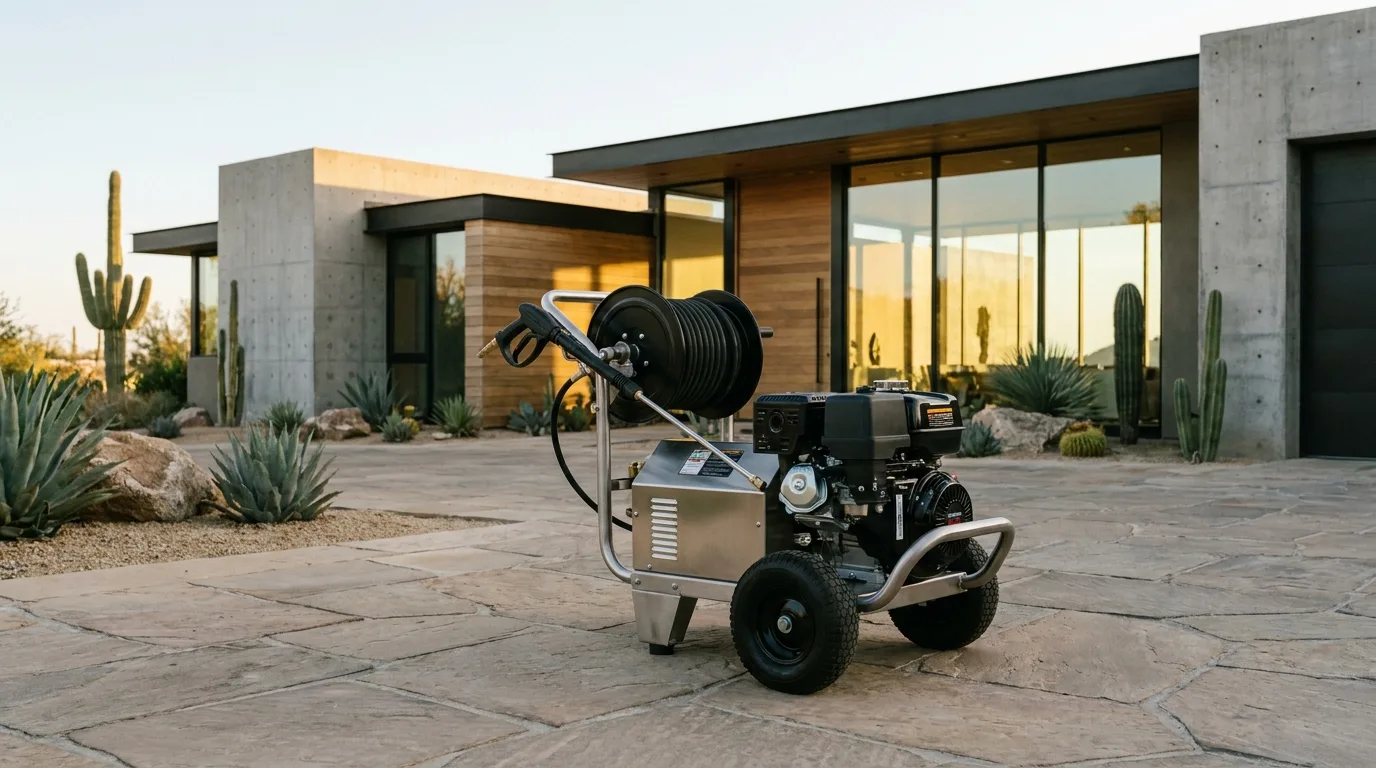 Professional pressure washing outside a client-facing property.