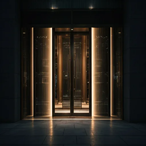 A polished luxury store entrance reflecting warm light.
