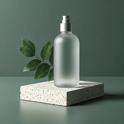 A premium frosted bottle and leaf arranged on stone.