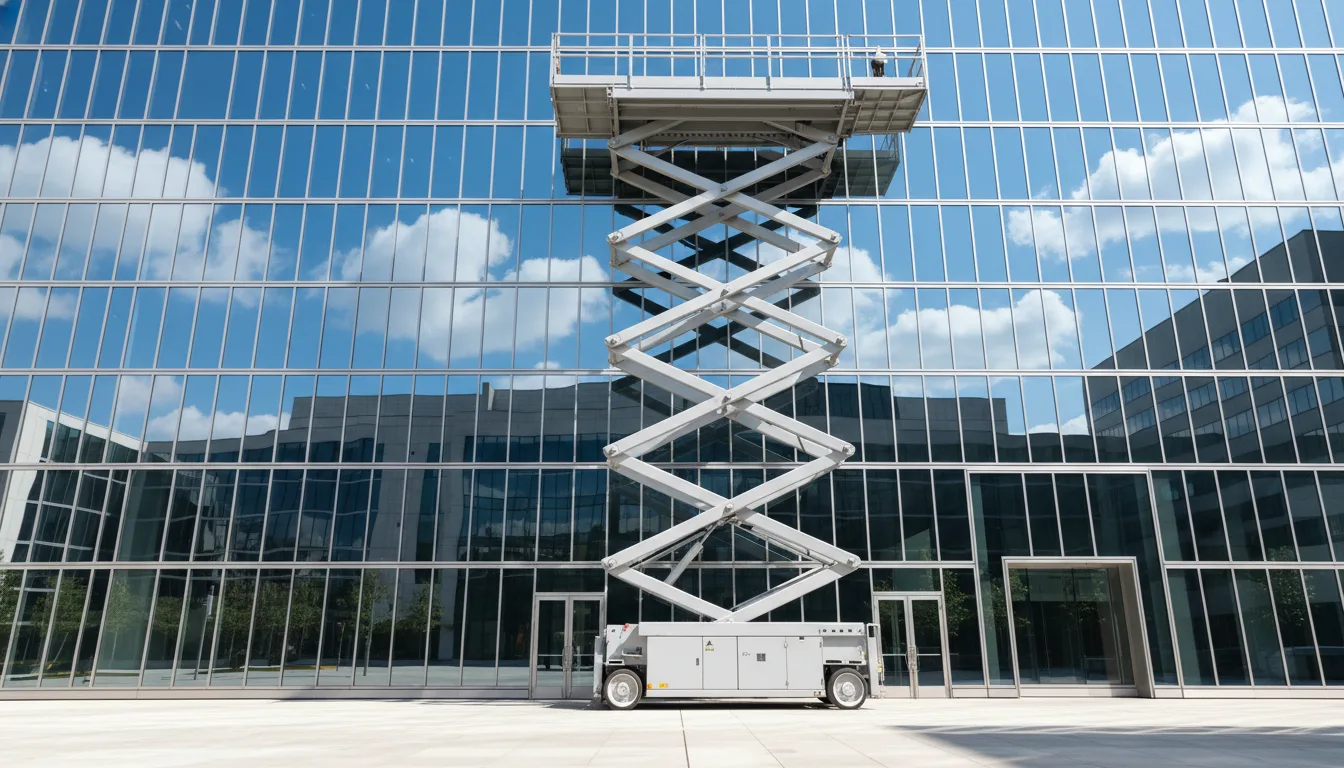 Scissor lift positioned for high-access exterior glass and building cleaning.